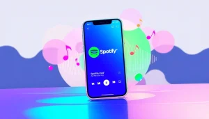Vibrant illustration of Spotify mod on smartphone with musical elements.
