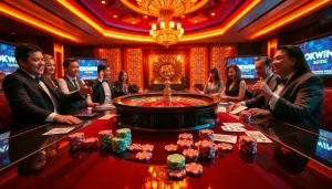 An engaging online gambling scene at https://okwin.blog/, showcasing a roulette wheel, poker chips, and excited players in a luxurious casino atmosphere.