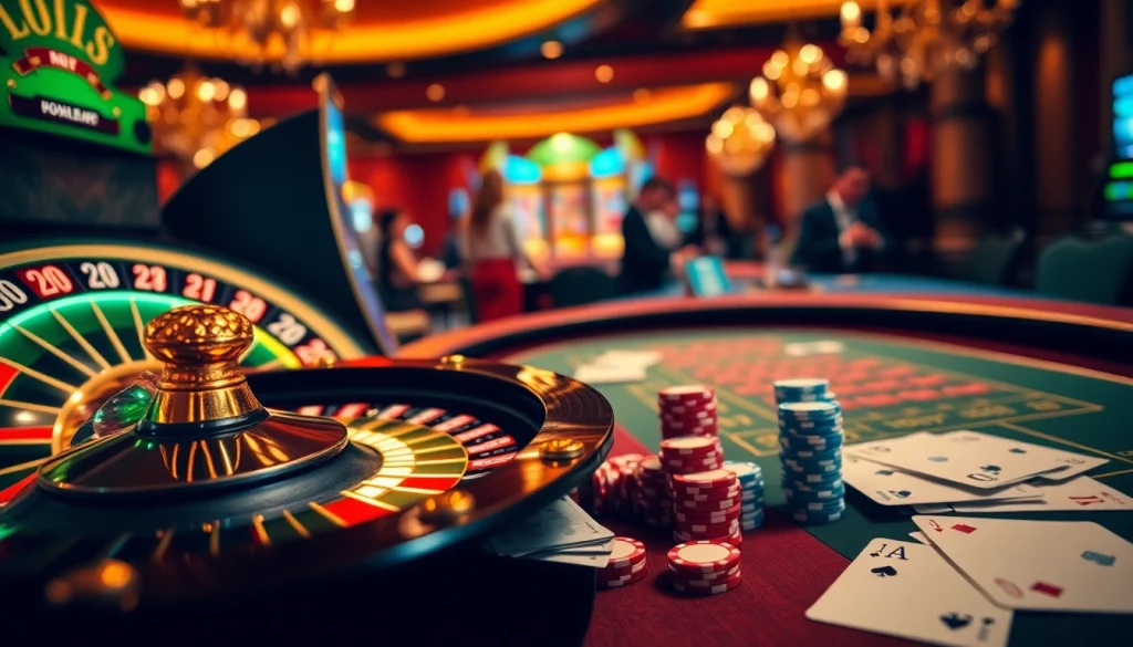 Experience the thrill of winning at Luckywin with vibrant casino tables and colorful slot machines.