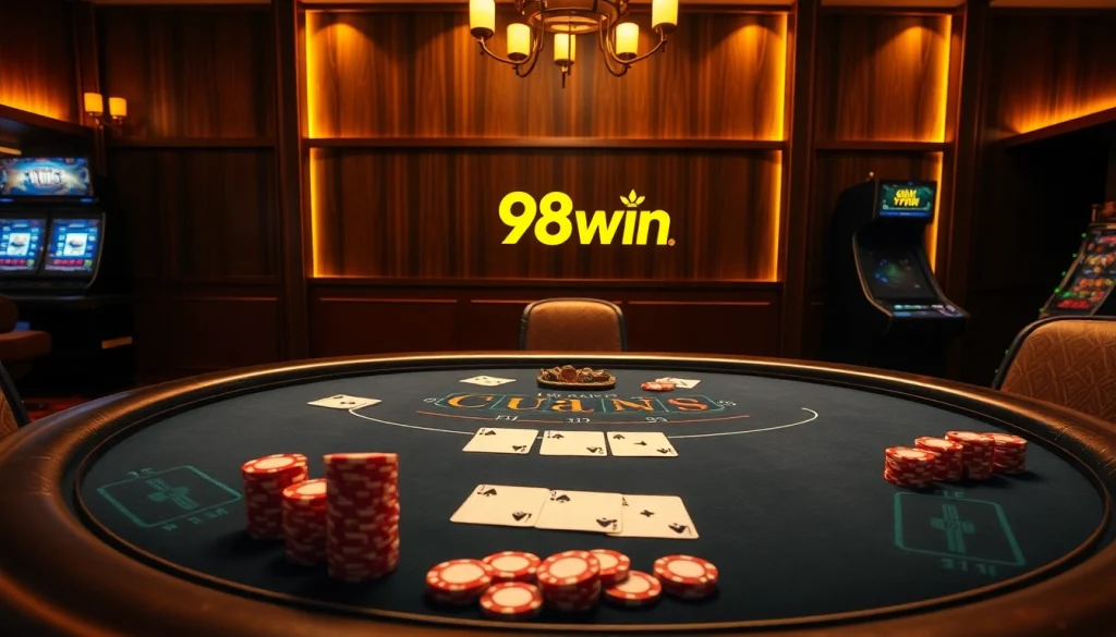 Experience high-stakes excitement at 98win's luxurious blackjack table with professional-grade cards and chips.