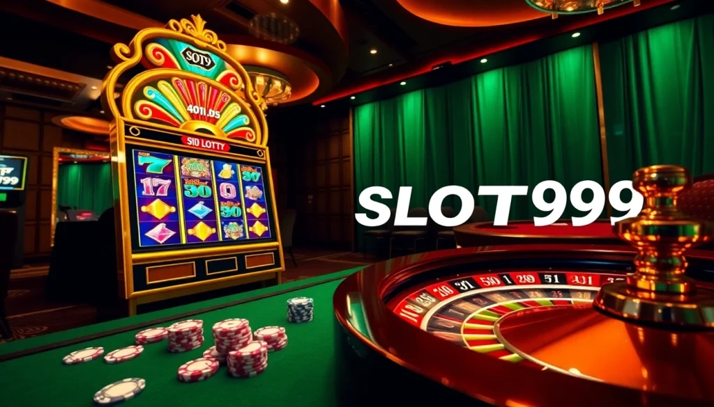 SLOT99 slot machine spinning with vibrant graphics and poker chips, creating a thrilling casino atmosphere.
