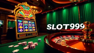 SLOT99 slot machine spinning with vibrant graphics and poker chips, creating a thrilling casino atmosphere.