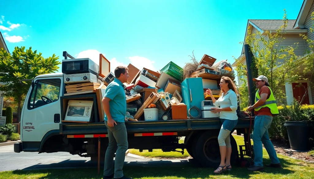Efficient junk removal team handling appliances and furniture in a clean suburban environment.