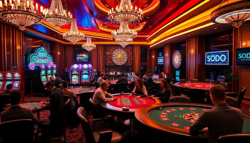 SODO Casino immersive gaming atmosphere with players at tables and slot machines.