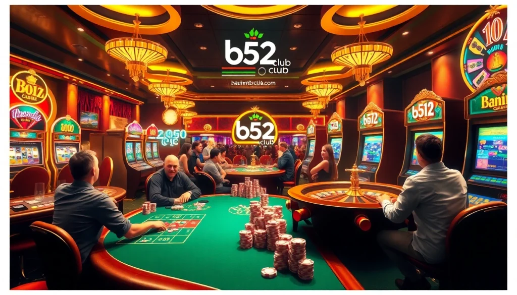 Players winning at the b52 club casino, showcasing poker tables, roulette wheels, and energetic atmosphere.