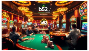 Players winning at the b52 club casino, showcasing poker tables, roulette wheels, and energetic atmosphere.