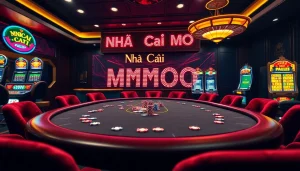 Engaging scene of Nhà Cái MMOO's vibrant casino atmosphere with poker players and slot machines.