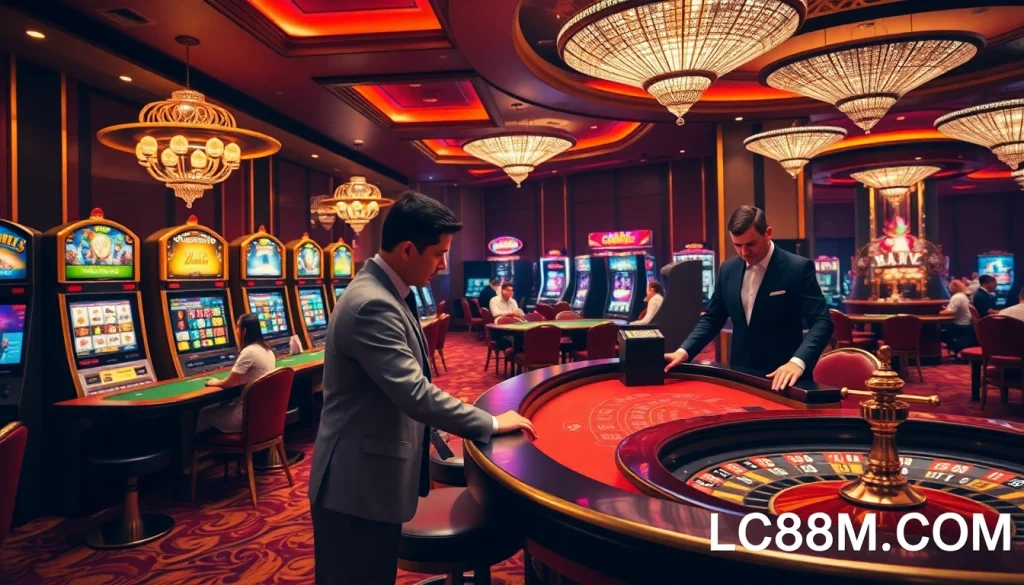 Experience the excitement of LC88M COM with vibrant casino gaming visuals featuring poker tables, slot machines, and roulette wheels.