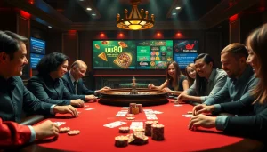 Players engaging in a thrilling poker game at uu88 casino, showcasing dynamic chip stacks and exciting gameplay.