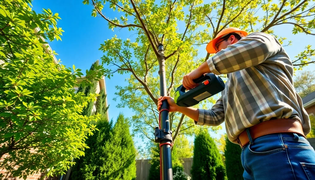 Best electric pole saw in action, trimming tree branches in a vibrant backyard garden.