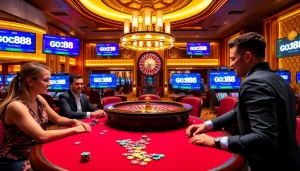 Players strategizing at a go88 poker table, highlighting an exciting casino atmosphere.