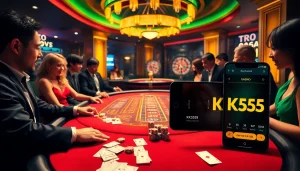 KK55-themed casino scene with players enjoying blackjack and roulette in a luxurious setting.