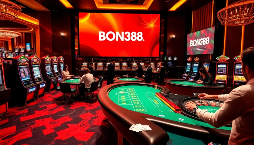 Bong88 casino scene with players betting at tables, colorful slot machines, and online gaming interface.