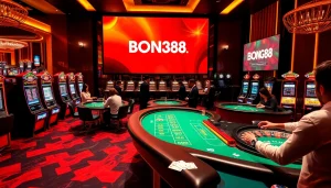 Bong88 casino scene with players betting at tables, colorful slot machines, and online gaming interface.