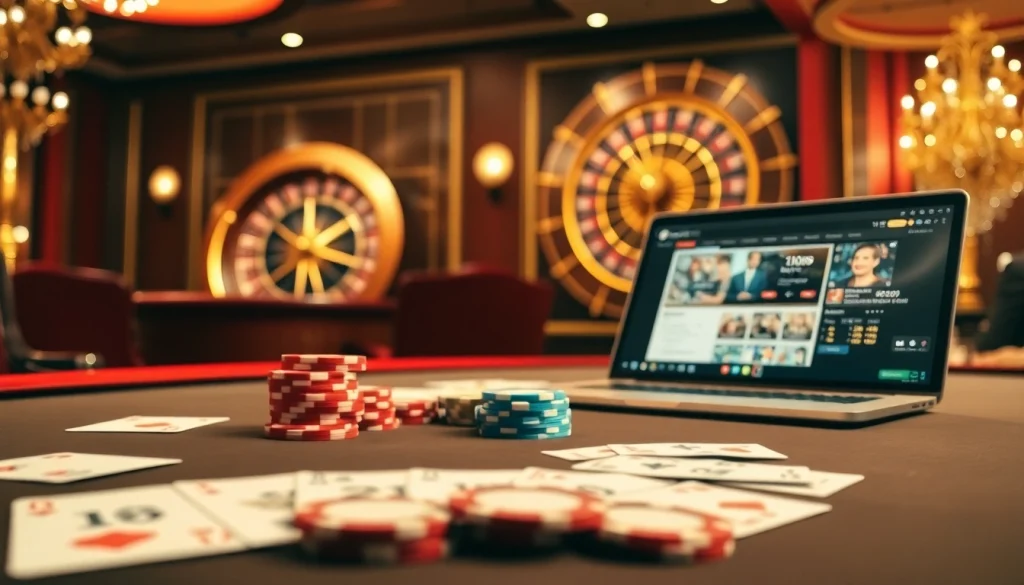 Experience the thrill of rikvip with vibrant poker chips and an exciting roulette wheel in a luxurious casino.