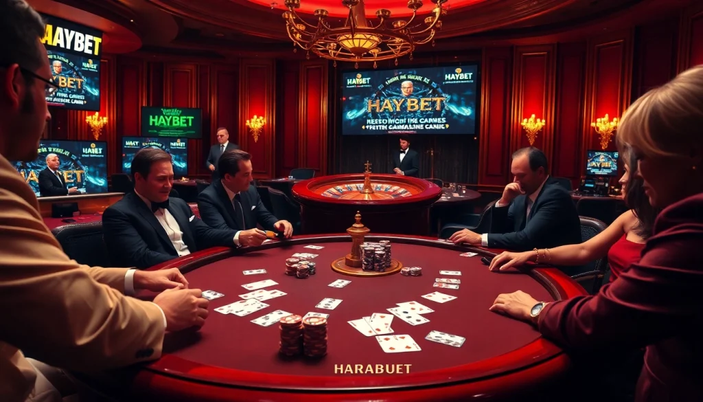 Experience HAYBET's thrilling poker game with players, chips, and a roulette wheel.
