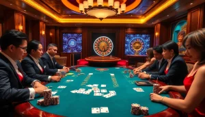 Excited gamblers at a poker table analyzing result china outcomes while placing bets.