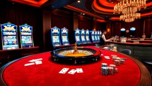 Experience the thrill of gambling at XX88 with a stylish casino setup showcasing roulette and poker games.