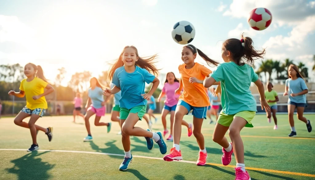Engaged girls playing in Multi Sports Camps for Girls, showcasing teamwork and energy.
