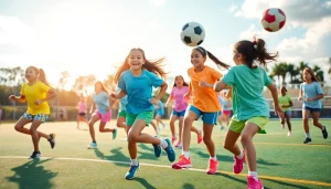 Engaged girls playing in Multi Sports Camps for Girls, showcasing teamwork and energy.