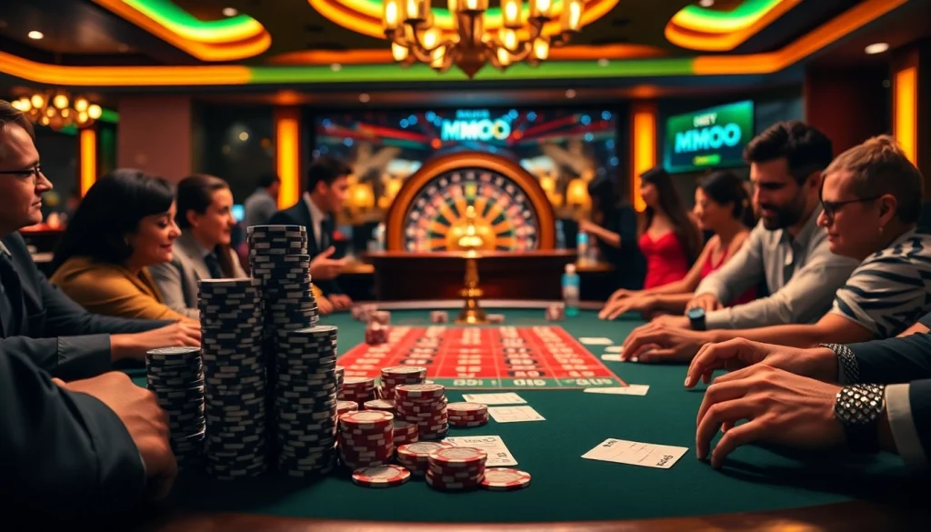 Players engaging with MMOO-themed poker chips at a luxurious casino table, celebrating their bets.