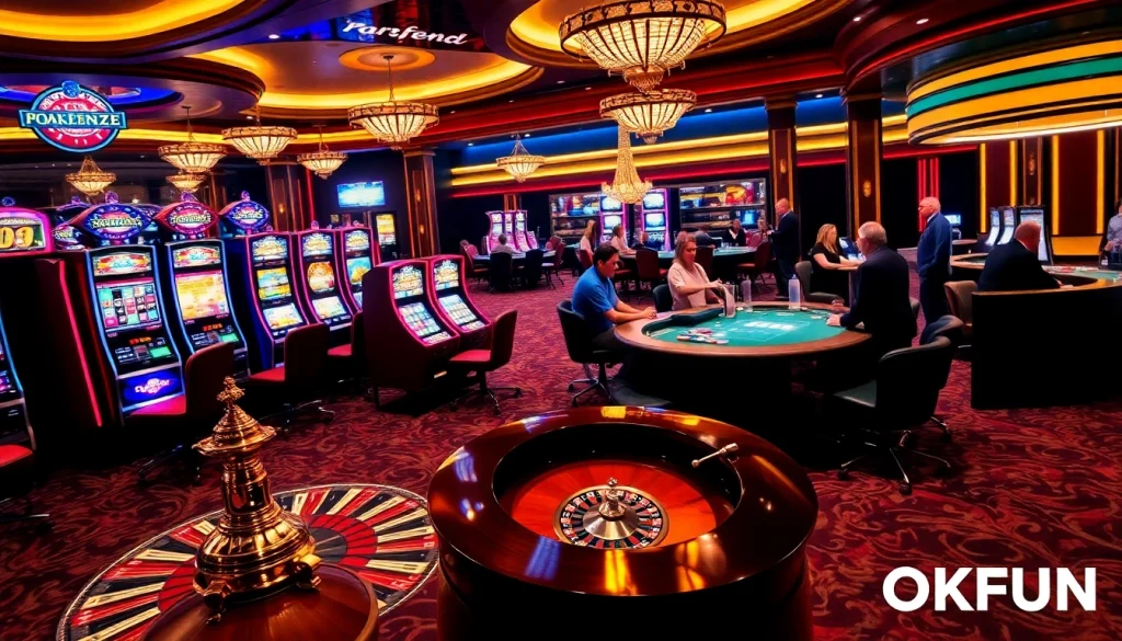 Experience high-stakes gaming action at OKFUN casino with vibrant roulette and poker tables.