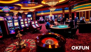 Experience high-stakes gaming action at OKFUN casino with vibrant roulette and poker tables.