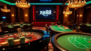 RR88 casino players enjoying a thrilling round of blackjack at a luxurious gaming table.