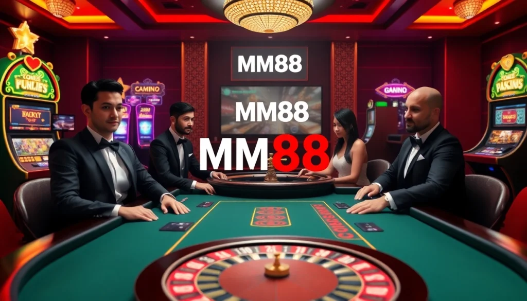 High-stakes poker at MM88.today, with luxurious elements of casino excitement and vibrant slot machines.
