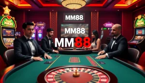 High-stakes poker at MM88.today, with luxurious elements of casino excitement and vibrant slot machines.