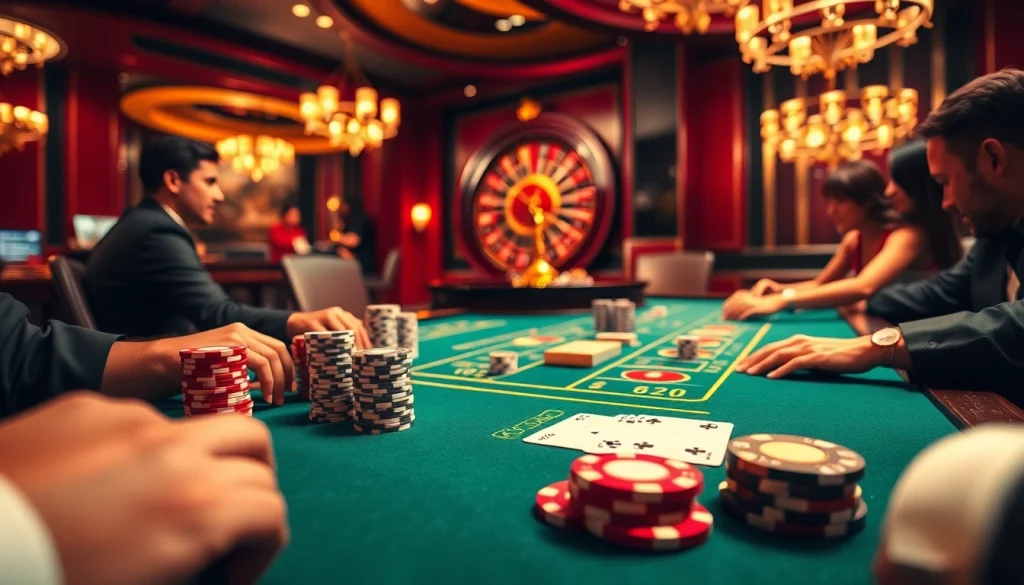 Players engage in an exciting Gopay88 poker game amidst an opulent casino atmosphere.