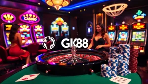 Engage in thrilling casino gameplay featuring GK88 at an elegant roulette table.