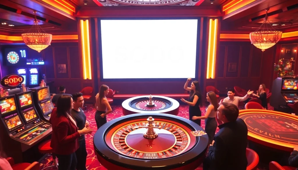 SODO Casino's vibrant gaming area showcasing a luxurious roulette table and enthusiastic players in action.