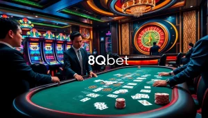Engaging scene of gambling at 8qbet casino with blackjack table, poker chips, and slot machines.
