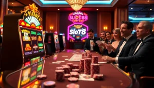Players engaging with the slot88 machine in a vibrant casino atmosphere, excitement palpable.