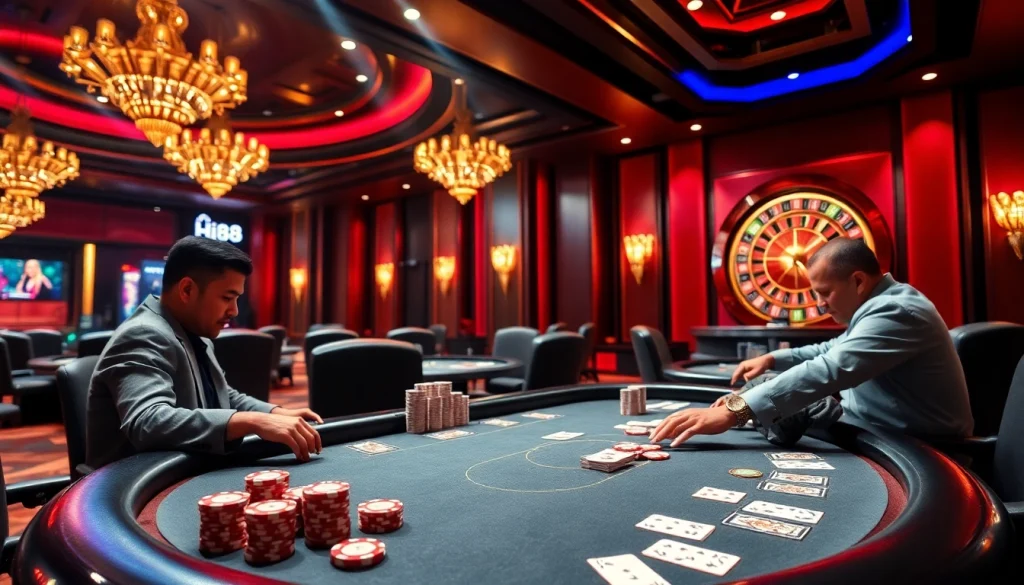 Players enjoying a poker game at Hi88 casino, showcasing excitement and competition.