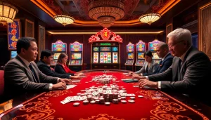 Nikmati adegan permainan slot demo Mahjong yang menarik dengan mesin slot berwarna-warni dan penjudi.