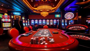 Engaging scene with poker players and vibrant slot machines at trang chủ fly88 casino.