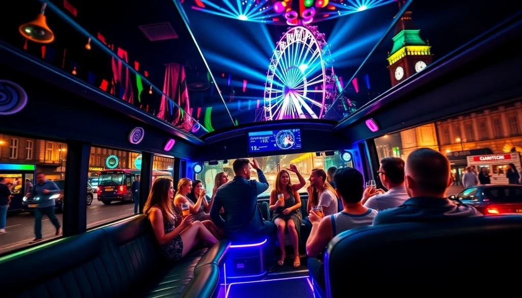 Exciting stag do party bus London filled with friends celebrating with music and drinks.