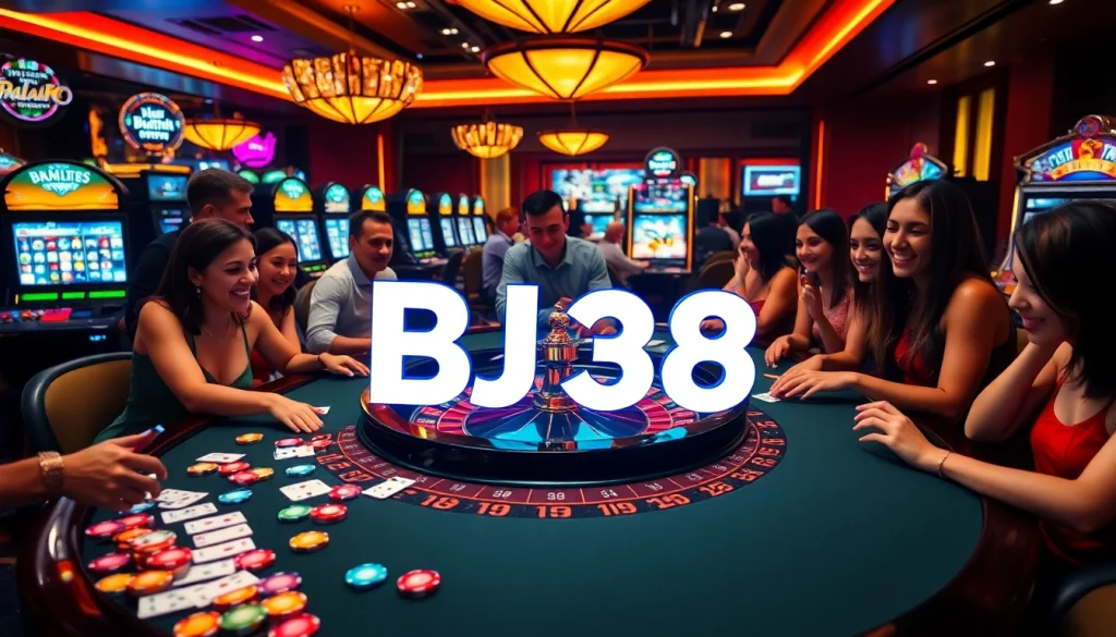 Players enjoying a thrilling BJ38 casino experience at a roulette table with colorful chips and vibrant atmosphere.