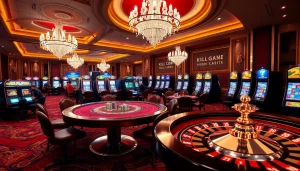 KJC enhances the thrill of gambling at a luxury casino featuring elegant poker tables and vibrant slot machines.
