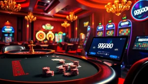 Experience high-stakes gaming with gg88's luxurious casino scene featuring poker tables and glowing slot machines.