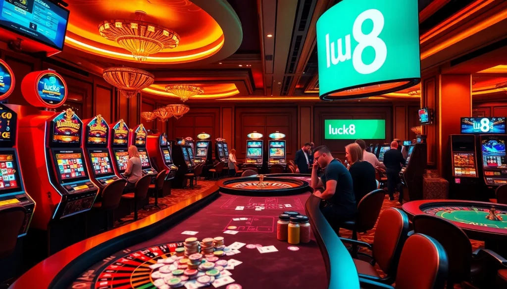 Experience excitement at a luxury casino featuring luck8 themes with poker tables and vibrant slot machines.