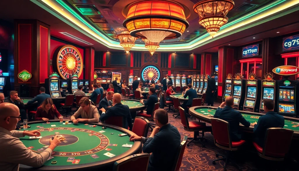 Cảnh chơi poker đầy kịch tính và không gian sòng bạc sống động, thể hiện các chiến lược cg79 đang được áp dụng.