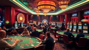 Cảnh chơi poker đầy kịch tính và không gian sòng bạc sống động, thể hiện các chiến lược cg79 đang được áp dụng.