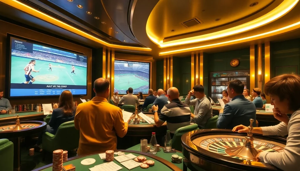 Experience the thrill of แทงบอล in a luxurious sports betting lounge filled with excitement and action.