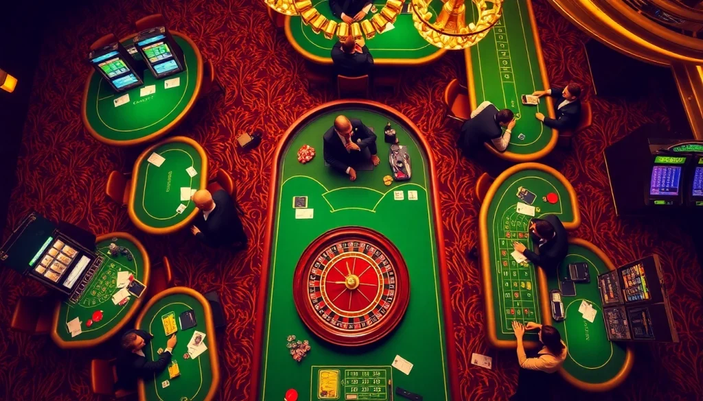 A vibrant casino scene highlighting players engaging at tables and slot machines, showcasing the elite 6FF gambling experience.