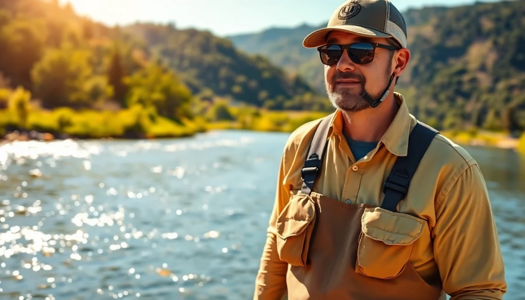 Fly fishing apparel showcased by an angler by the riverside, highlighting performance and style.