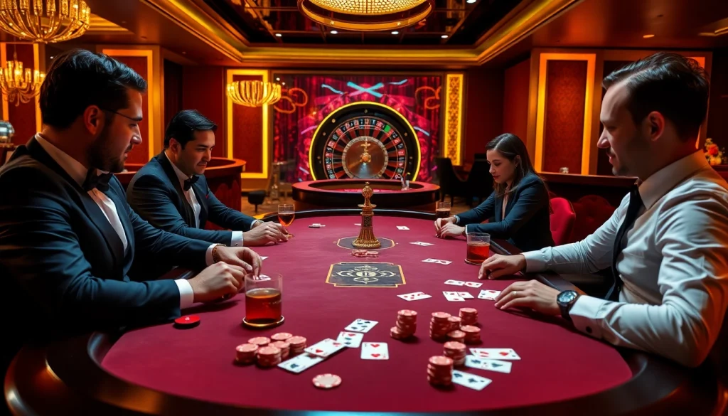 Action-packed poker scene at OKFUN casino with vibrant colors and professional players.