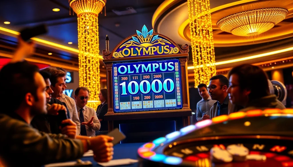 Players enjoying the Olympus 1000 slot machine in an opulent casino atmosphere.